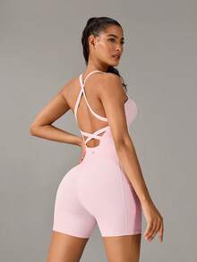 OutZeal Bộ đồ thể thao nữ gồm áo liền quần, áo tập gym, đạp xe, tập luyện mùa hè, có chức năng định hình bụng và thấm hút mồ hôi, thiết kế hở lưng. - Màu Hồng baby - Xem 10