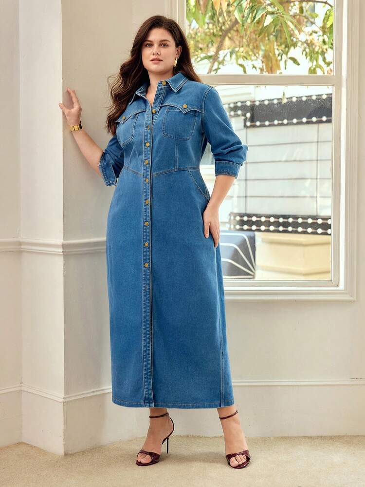PLUS SIZE LONG SLEEVE DENIM DRESS, SHIRT STYLE, SUITABLE FOR SPRING, SUMMER AND AUTUMN