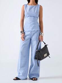 LYSMO 2026 New Arrive Minimalism Spring/Summer Women's Plaid Round Neck Sleeveless Top And Pants Casual 2 Pieces Set - Navy Blue - View 3