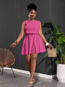 Slaydiva Bộ đồ mùa xuân/hè mới về, thích hợp cho kỳ nghỉ, đi làm, đi chơi và dự tiệc sang trọng. Áo crop top không tay ôm dáng và chân váy mini chữ A màu kaki trơn, chất liệu vải dệt họa tiết, thoải mái, cỡ lớn dành cho nữ, bộ 2 món, trang phục mùa hè. - Màu Hồng Tươi - Xem 4