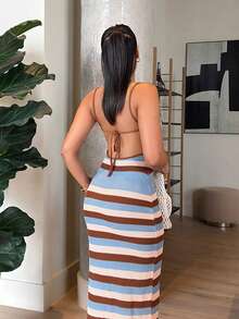 LHSEPT 女士春夏新款针织连衣裙，交叉吊带露背钩花连衣裙，波西米亚条纹长裙，度假连衣裙，优雅女士连衣裙 - 彩色 - 查看 6