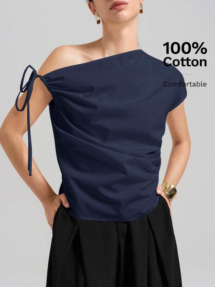 Women's Solid Color Asymmetric Shoulder Tie Blouse, Suitable For Urban Commute, Business Casual, Elegant Holiday, Party And Wedding Guest Occasions, Summer Top All-Season Versatile Modern Urban Fashion Business Casual Women's Wear Office Attire Understated Old-Money Style, Elegant And Sophisticated, High-Quality Commuter And Airport Women's Wear Bohemian Style Vacation Outfits Seaside Women's Clothing, Country Music Concert Style, Western Style Clothing, Nomadic Casual Fashion Boho Deep Blue