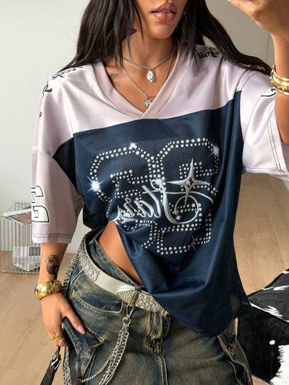 Coolane Women's Summer Party Festival Sportswear Daily Wear Going Out Streetwear Vintage Breathable Mesh Number Pattern Color-Blocked Graphics Baseball Jersey Navy Blue V-Neck Short Sleeve T-Shirt Summer Outfits For Women Graphic Tees Women,Summer Top