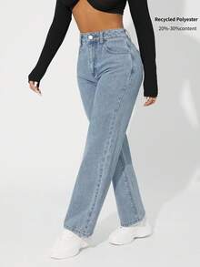 SHEIN PETITE 女士宽松直筒休闲牛仔裤，带口袋，百搭 - 淺灰色 - 查看 1