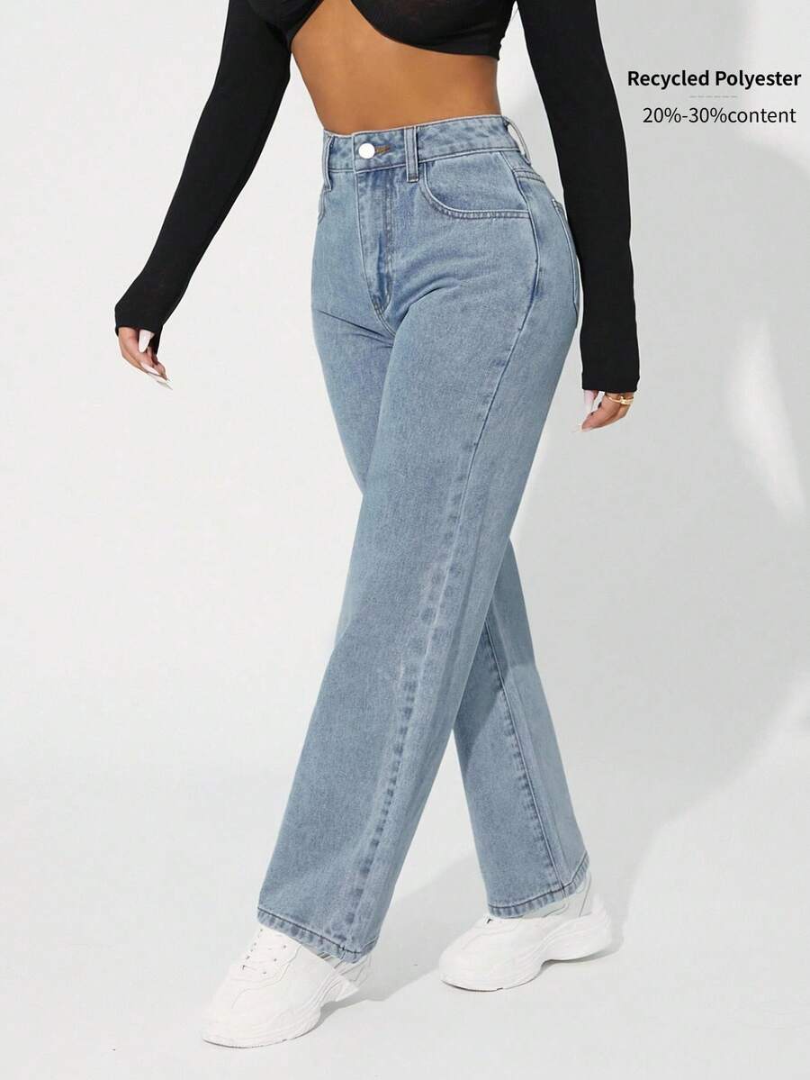 SHEIN PETITE 女士宽松直筒休闲牛仔裤，带口袋，百搭 - 淺灰色 - 查看 1