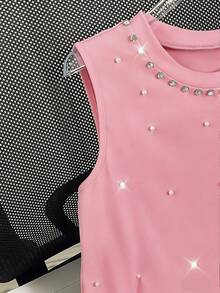 SHEIN LUNE 女士纯色仿珍珠装饰圆领休闲背心 - 粉色 - 查看 3