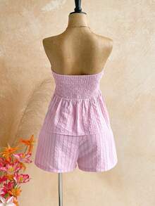 Soleia Bộ đồ 2 mảnh dành cho nữ gồm áo crop top không tay in sọc, viền bèo nhún và quần short kiểu dáng thoải mái, thích hợp cho tiệc tùng, đi biển, kỳ nghỉ. - Nhiều màu - Xem 2