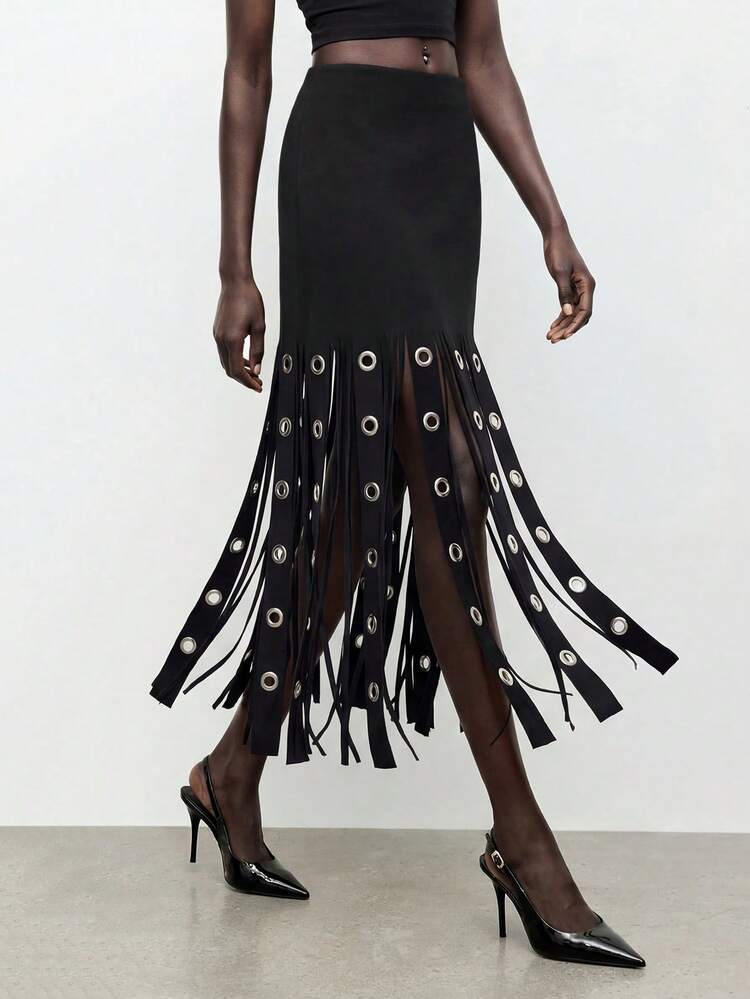 SHEIN Maija Jupe évasée à la mode avec ourlet à franges et œillets pour femmes