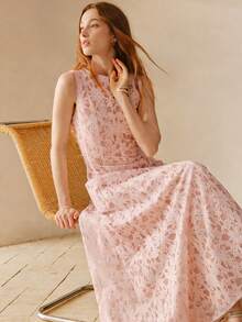 MOTF PREMIUM WOMEN'S LACE PANEL DESIGN ROUND NECK SLEEVELESS WAIST GATHERED ELEGANT ROMANTIC EVERYDAY DRESS - Pink - View 5