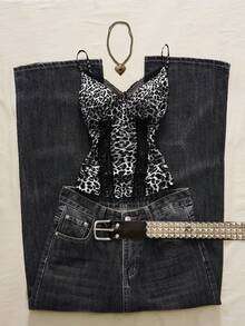 SHEIN Sexy Lace Patchwork Leopard Print Camisole Top For Summer Vacation - Black and White - View 5