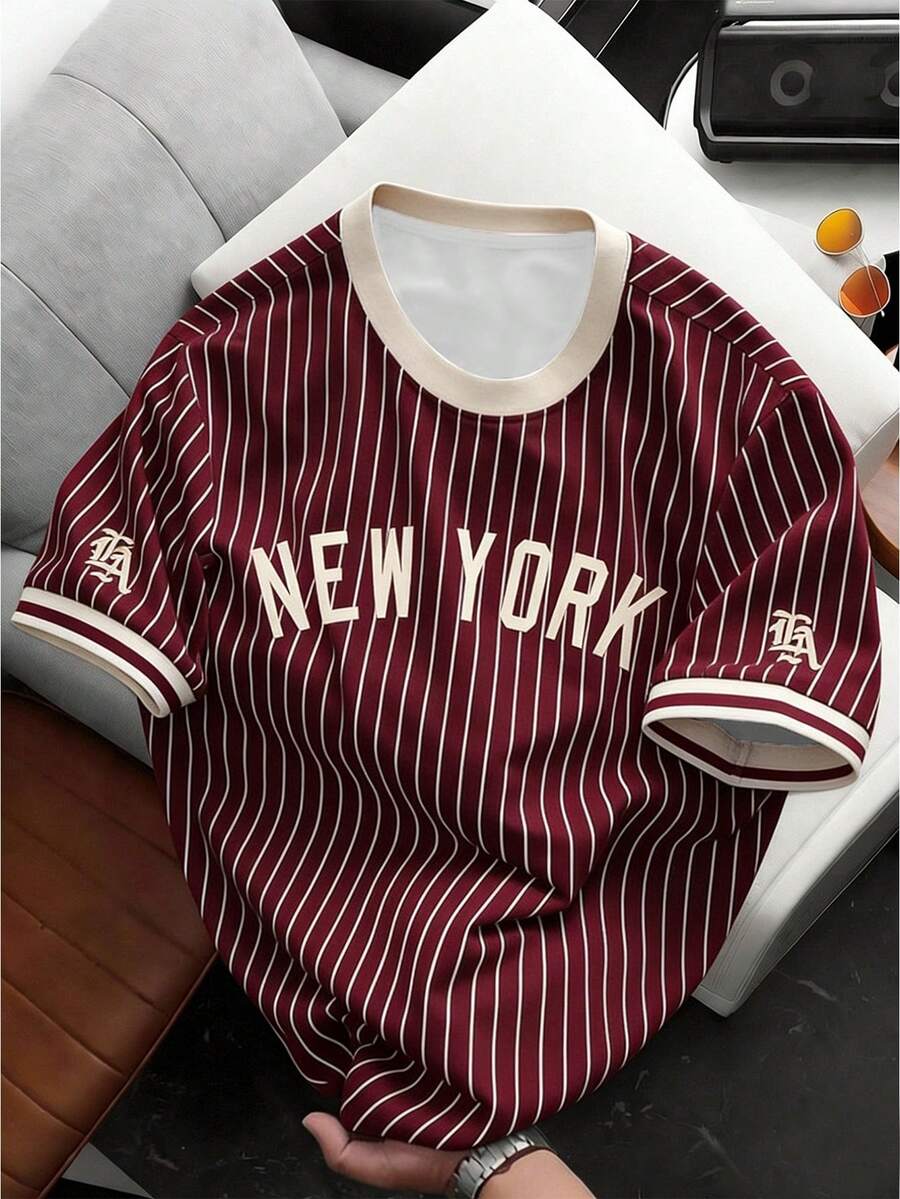 Chillumni Men's Letter & Stripe Print Round Neck Short Sleeve Casual T-Shirt - Multicolor - View 1