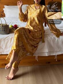 DAZY Bộ đồ ngủ nữ thanh lịch gồm áo dài tay và quần dài, họa tiết hoa jacquard. - Hồng - Xem 5