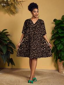 SHEIN Slayr Plus Size Women Casual Leopard Print Loose Dress, Suitable For Summer - Multicolor - View 4