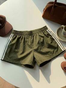 Comfortcana Quần short nữ cạp chun, kẻ sọc bên hông, dáng rộng, thoải mái, thích hợp cho mùa hè, xuân, Giáng sinh, năm mới 2000, và cả mùa đông 2000. - xanh quân đội - Xem 3