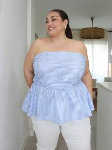 Pretty and Ole Plus Size Women Summer Striped Strapless Top - Blue and White - View 4