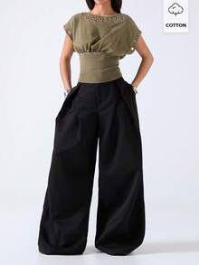 LYSMO Áo thun nữ màu trơn tay cánh dơi cổ tròn eo dáng casual - Màu xanh Ô liu - Xem 1