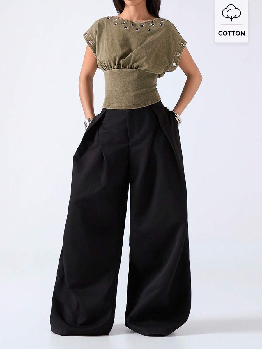 LYSMO Áo thun nữ màu trơn tay cánh dơi cổ tròn eo dáng casual - Màu xanh Ô liu - Xem 1