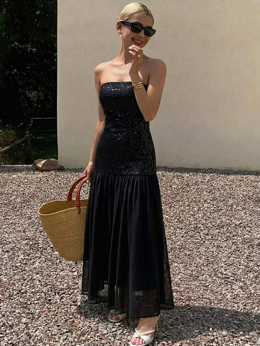 DAZY Đầm dự tiệc cocktail thanh lịch dành cho nữ, phối sequin và xếp ly eo. - màu đen - Xem 1