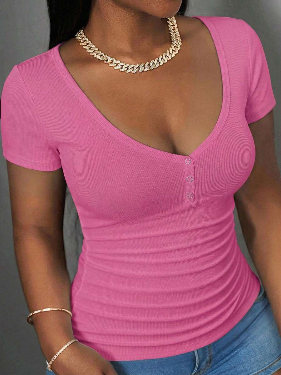 Slaydiva Kaos Lengan Pendek Kasual Serbaguna untuk Wanita Ukuran Besar dengan Lipatan Warna Polos untuk Penggunaan Sehari-hari - Berwarna merah muda - View 1