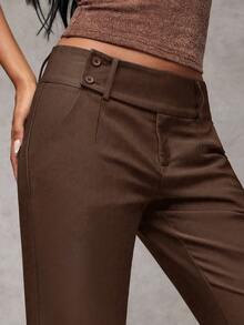 SHEIN PETITE CURVE Plus Size Solid Color Flare Pants, Suitable For Commuting - Coffee Brown - View 6