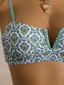 Bellisia Áo bikini hai mảnh cổ chữ V in hoa dành cho nữ - màu xanh lá - Xem 6