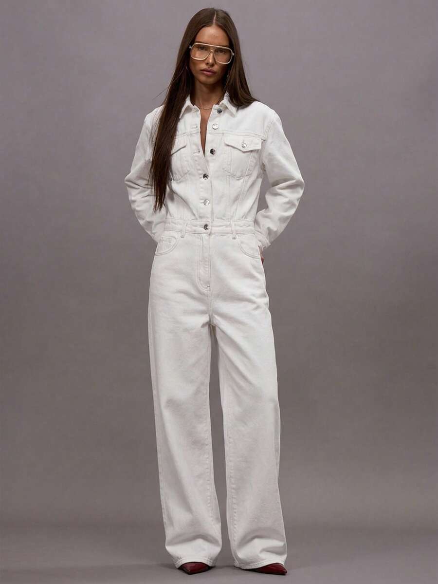 MUSERA Bộ jumpsuit denim tối màu, cài cúc, thích hợp cho mùa đông, đi chơi tối, phong cách đường phố, dễ thương, đi học, gợi cảm, sành điệu, mùa xuân hè. - trắng - Xem 1