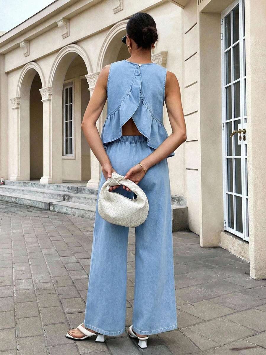 SHEIN 2pcs/Set Y2K Summer Boho Teen Girl Sky Blue Denim Loose Camisole Ruffle Hem And Elastic Waist Baggy Wide Leg Pants,Casual Elegant Holiday Beach Outfit - Light Wash - View 1