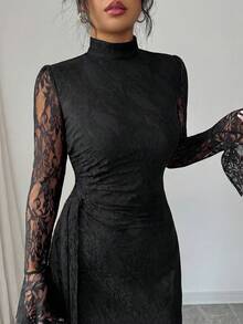 SHEIN Elenzya Đầm nữ màu cà phê mới, chất liệu dệt kim, cổ ren, tay dài, dáng xòe, eo cao, ôm sát, vạt đuôi cá bất đối xứng, kiểu dáng thanh lịch, sang trọng, phù hợp cho tiệc tối hoặc mặc hàng ngày vào mùa thu/đông. - màu đen - Xem 4