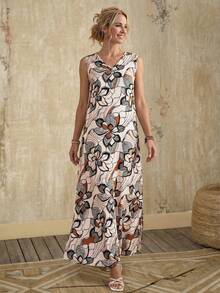 EMERY ROSE 女士休闲树叶图案V领长连衣裙，适合秋夏季穿着 - 彩色 - 查看 6