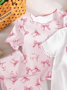 2 Sets Baby Girls' Cute Butterfly Print Contrast Color Ruffle Trim Round Neck Top And Pants 4-Piece Pajama Sets, Suitable For Spring, Summer And All Seasons - Multicolor - View 4
