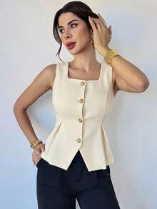 DAZY Chaqueta fina sin mangas de unicolor y textura elegante para mujer, de verano - Beis - Ver 8