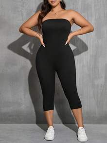 SHEIN Essnce Bộ 2 món áo liền quần màu đen trơn, cỡ lớn, kiểu dáng thường ngày, thích hợp cho mùa hè. - màu đen - Xem 8