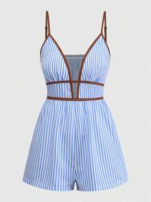 Hàng mới về mùa hè: Bộ jumpsuit nữ gợi cảm cổ khoét sâu kẻ sọc dành cho kỳ nghỉ. - Xanh và trắng - Xem 7