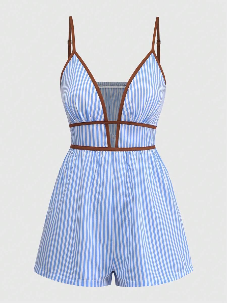 GlowEve Summer New Arrival: Women's Vacation Striped Plunging Neck Sexy Romper - Blue and White - View 1