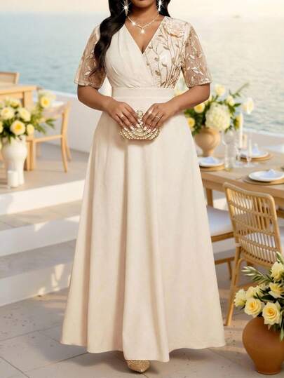 Fleurora Vestido elegante de manga corta con bordado de lentejuelas y malla para mujer de talla grande, vestidos elegantes para mujer, vestidos elegantes clásicos, ropa formal para mujer, vestidos cruzados para damas, vestidos de iglesia para mujer, vestidos elegantes para mujer para bodas, vestidos hermosos para ocasiones especiales, vestido de recepción para novia, vestidos de dama de honor para bodas
