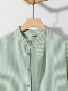 SHEIN Teen Boys' Striped Single-Breasted Short Sleeve Textured Casual Shirt,Comfortable Fashionable For Summer,Suitable For School,Travel,Beach Vacation - Mint Green - View 6