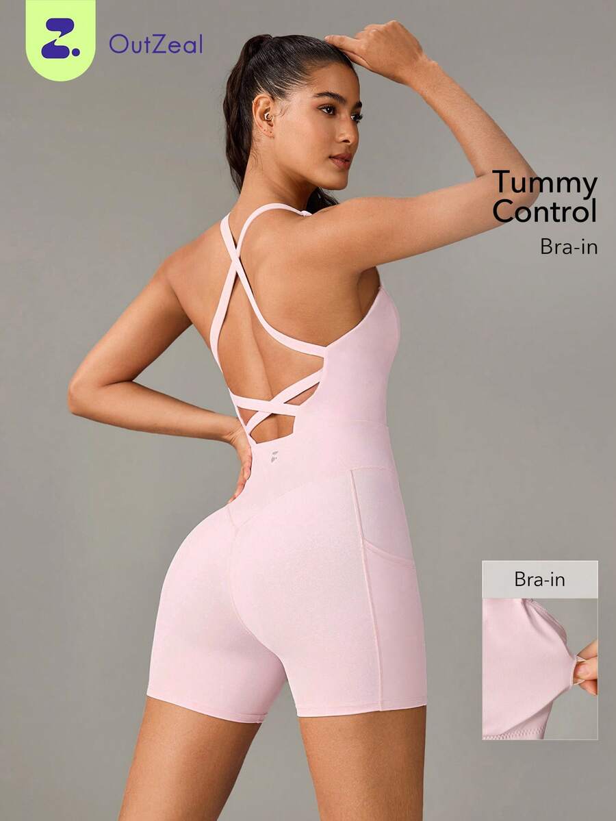 OutZeal Bộ đồ thể thao nữ gồm áo liền quần, áo tập gym, đạp xe, tập luyện mùa hè, có chức năng định hình bụng và thấm hút mồ hôi, thiết kế hở lưng. - Màu Hồng baby - Xem 1