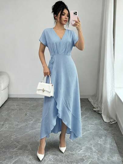 Mulvari Đầm nữ màu trơn dáng suông, thắt eo, dài ngang gối, thích hợp cho kỳ nghỉ hè/mùa xuân.