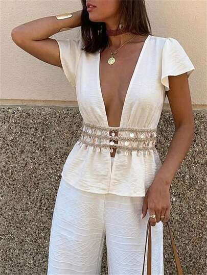 Aloruh Women's Sexy Open Front Solid Color Fringe Decorated Music Festival Shirt