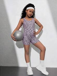 SHEIN Bộ áo liền quần thể thao năng động, họa tiết da báo, cổ chữ U, lưng khoét, dành cho bé gái tuổi teen, thích hợp cho mùa xuân/hè. - Màu tím - Xem 2