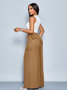 SOLERSUN Women's Linen-Like Belted High Waist Linen-Blend Tie Side Belted Wide Leg Pants - Khaki - View 2