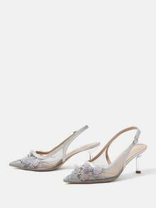 CUCCOO HITCHD Giày nữ bốn mùa mới, thêu họa tiết bướm và hoa, mũi nhọn, gót mỏng, cao gót thanh lịch, thời trang, chất liệu lưới, giày cao gót nữ có gót nâng gót, thích hợp cho tiệc trà chiều, ngày Valentine, tiệc cưới. - Bạc - Xem 6