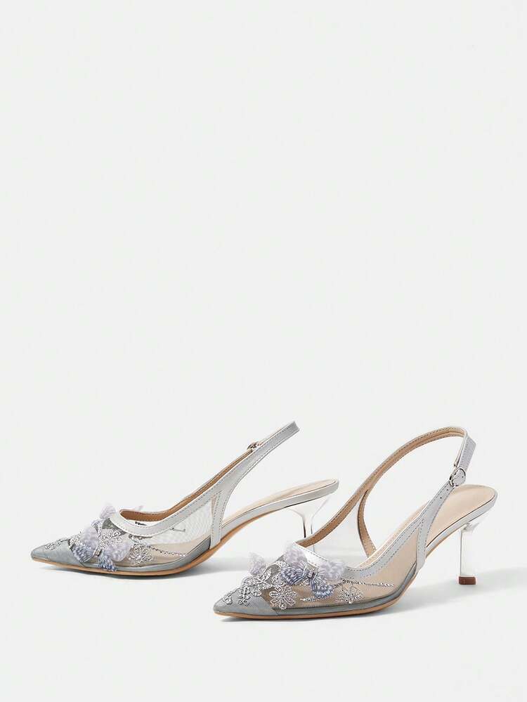 CUCCOO HITCHD Women Shoes Four Seasons New Embroidery Diamond Press Butterfly Flower Design Pointed Toe Thin Heel High Heel Elegant Temperament Stylish Mesh Women's High Heel Shoes Back Lift With Dew Heel Shoes Elegant Temperament Afternoon Tea Valentine's Day Party Wedding Wear