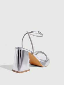 CUCCOO SZL Women's Square Toe Rhinestone Ankle Strap Sandals For Christmas Prom Heels Summer Shoes - Silver - View 3