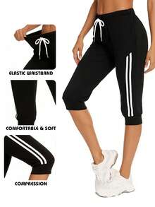 SHEIN LUNE Plus Size Women Drawstring Waist Skull Print Casual Versatile Capri Pants - Black - View 4