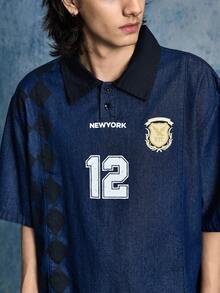 ROMWE MEN Street Life Áo polo denim nam kiểu dáng thường ngày với họa tiết số in trên vải thun. - Màu xanh lam - Xem 2