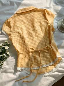 Comfortcana 女士休闲格纹纹理翻领单排扣衬衫，黄色夏季衬衫 - 黃色 - 查看 2