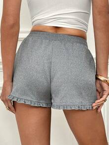 SHEIN Women's Grey Elastic Waist Drawstring Sports Casual Versatile Loose Home Shorts, Sweet Ruffle Trim Summer Sweatpants - Grey - View 2