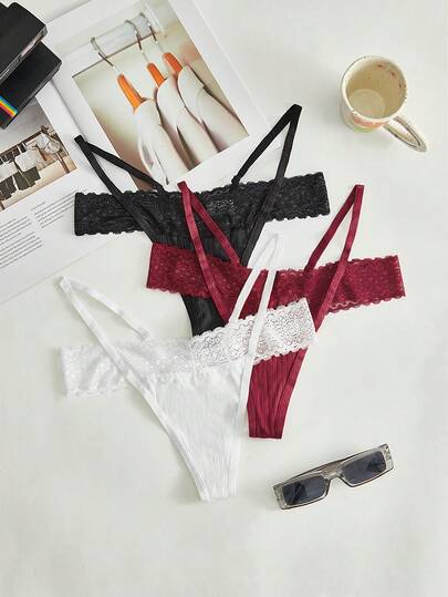 Set de 3 bragas de mujer de tiro bajo de encaje y satén, colores surtidos