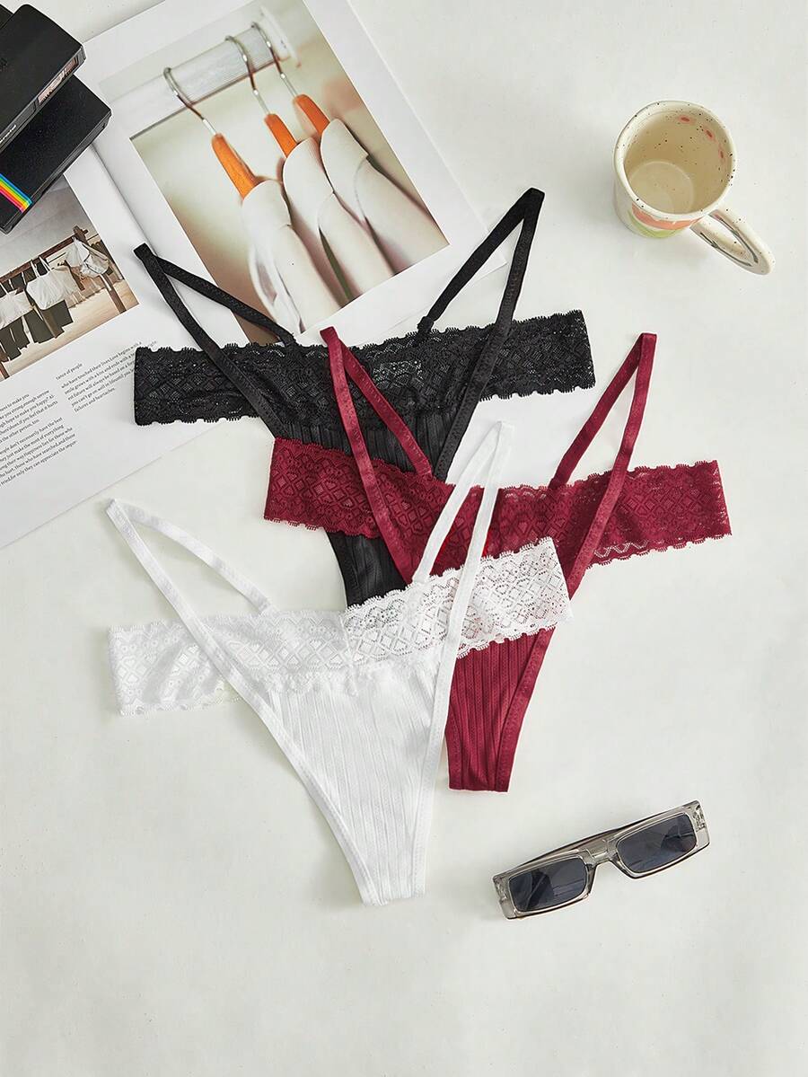 Lowkey Lull 3pcs/Set Women's Low-Waist Lace & Satin Panties, Assorted Colors - Multicolor - View 1